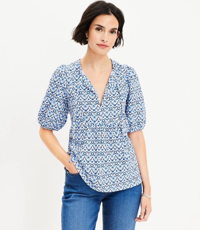 Floral Puff Sleeve Tie Neck Top - image 1