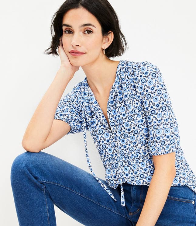 Floral Puff Sleeve Tie Neck Top - image 2