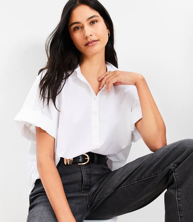 Petite Poplin Henley Dolman Everyday Tunic Shirt - image 1