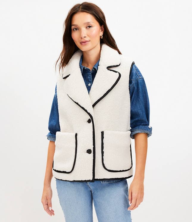 Petite Faux Leather Trim Sherpa Vest - image 1