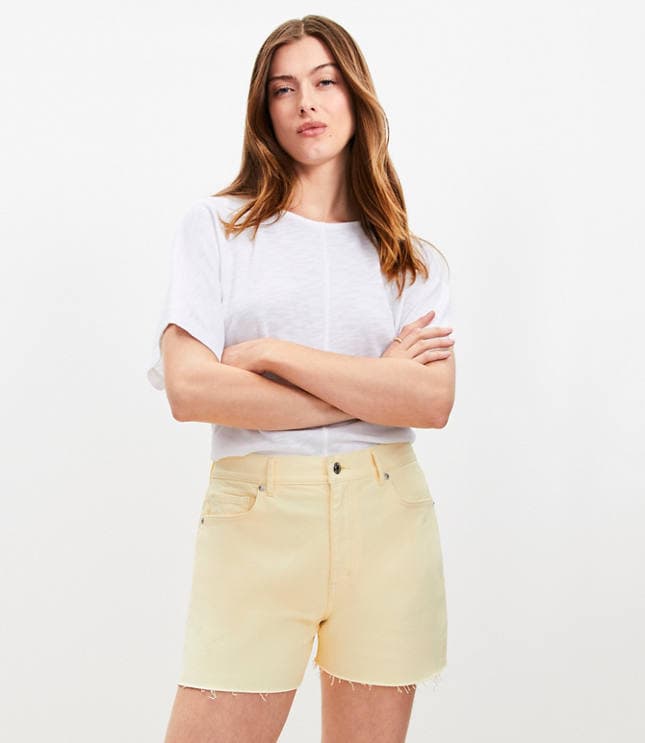 Fresh Cut High Rise Cut Off Denim Shorts in Lemon Brulee - image 1