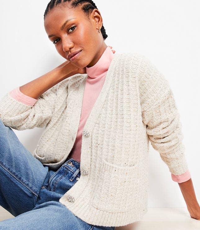 Sparkle Button Sequin V-Neck Pocket Cardigan - image 1