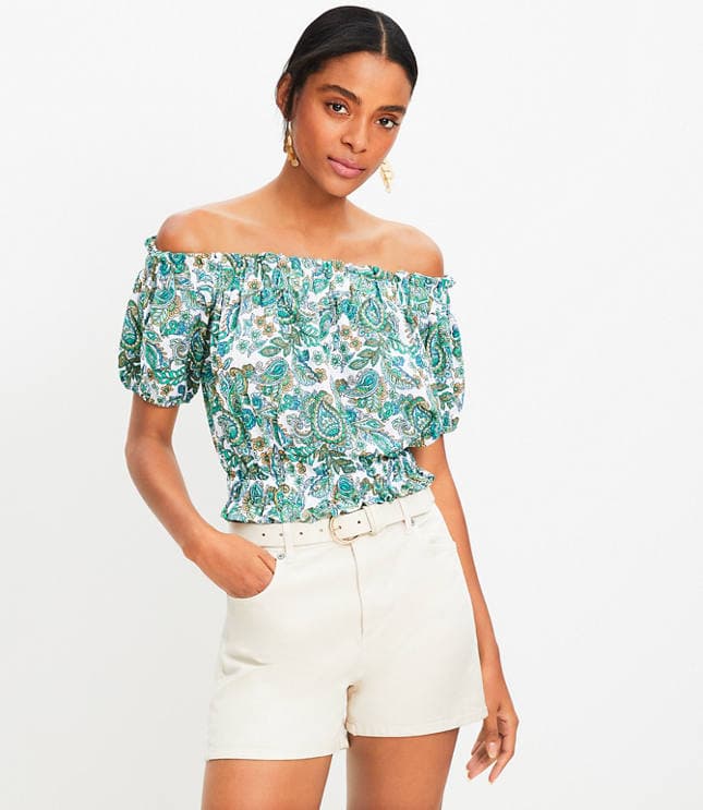 Paisley Crinkle Jacquard Off The Shoulder Top - image 1