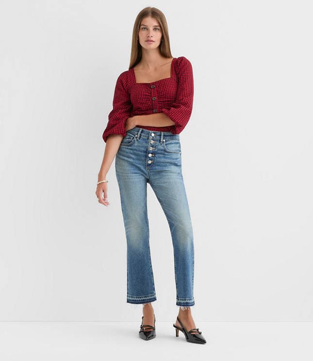 Petite Button Front High Rise Kick Crop Jeans in Mid Vintage Wash - image 1