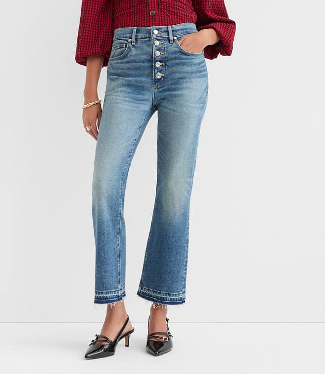 Petite Button Front High Rise Kick Crop Jeans in Mid Vintage Wash - image 2