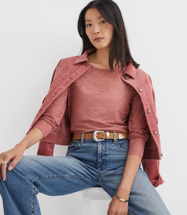 Floral Lace Long Sleeve Crew Neck Tee - image 1