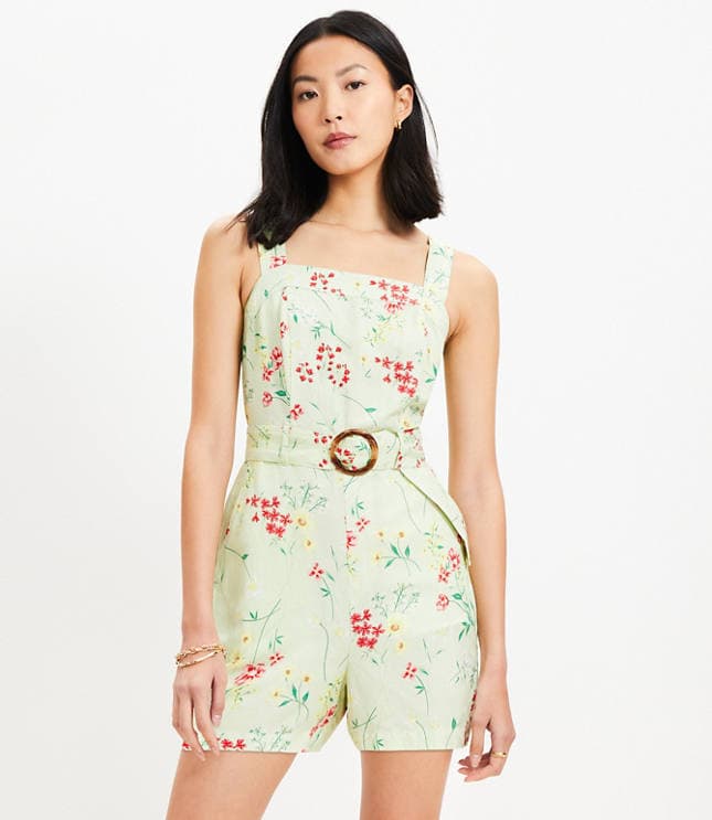Floral Belted Linen Blend Strappy Romper - image 2
