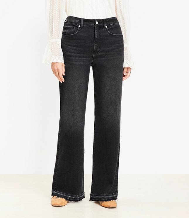 Petite Curvy Unpicked Hem High Rise Wide Leg Jeans in Washed Black