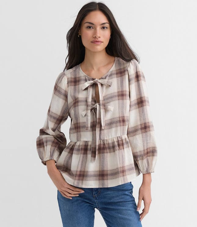 Plaid Flannel Bow Peplum Top - image 1