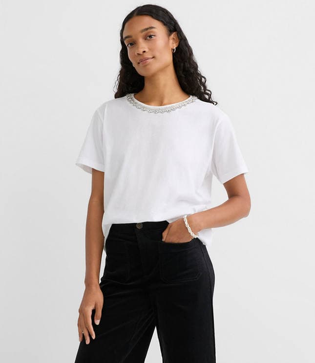 Crystal Beaded Neck Tee - image 1