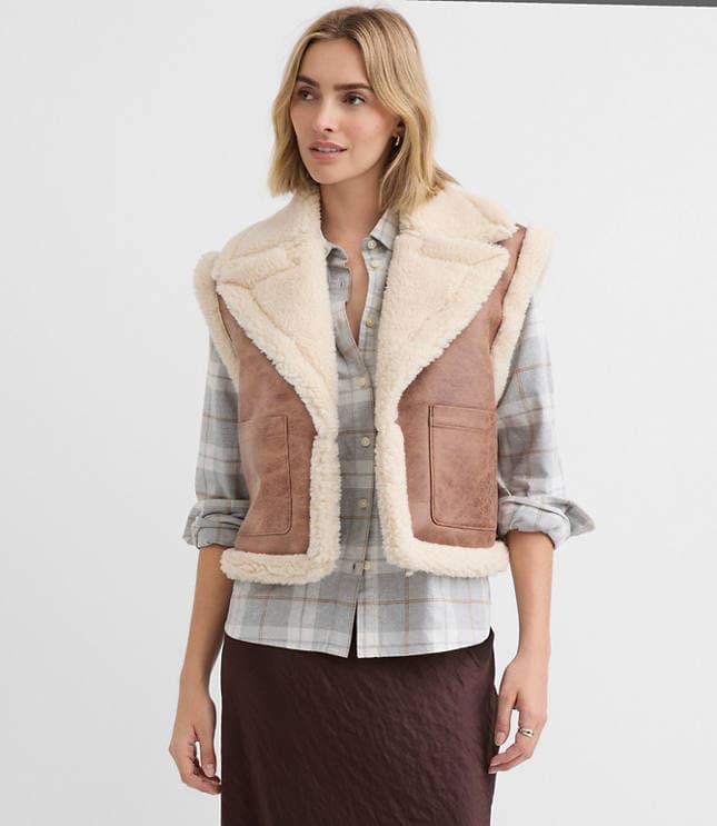 Petite Crackled Faux Suede Sherpa Vest - image 2