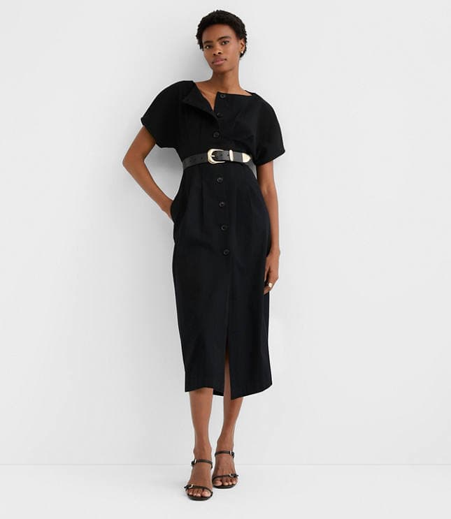 Pleated Barrel Sleeve Midi Pocket Dress - image 1