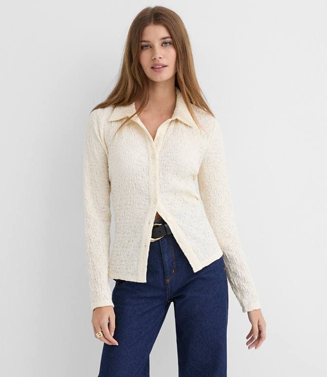 Petite Puckered Knit Shirt - image 1