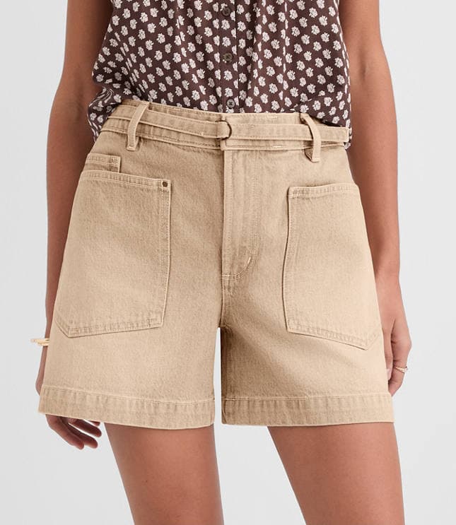 Tall Curvy Belted Denim Utility Shorts in Washed Neutral - image 1