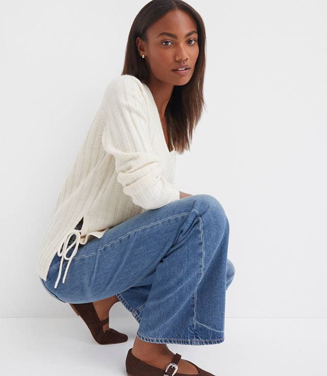 Petite Side Bow Ribbed V-Neck Sweater - image 1