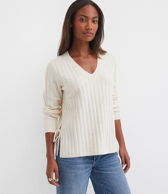 Petite Side Bow Ribbed V-Neck Sweater - image 2