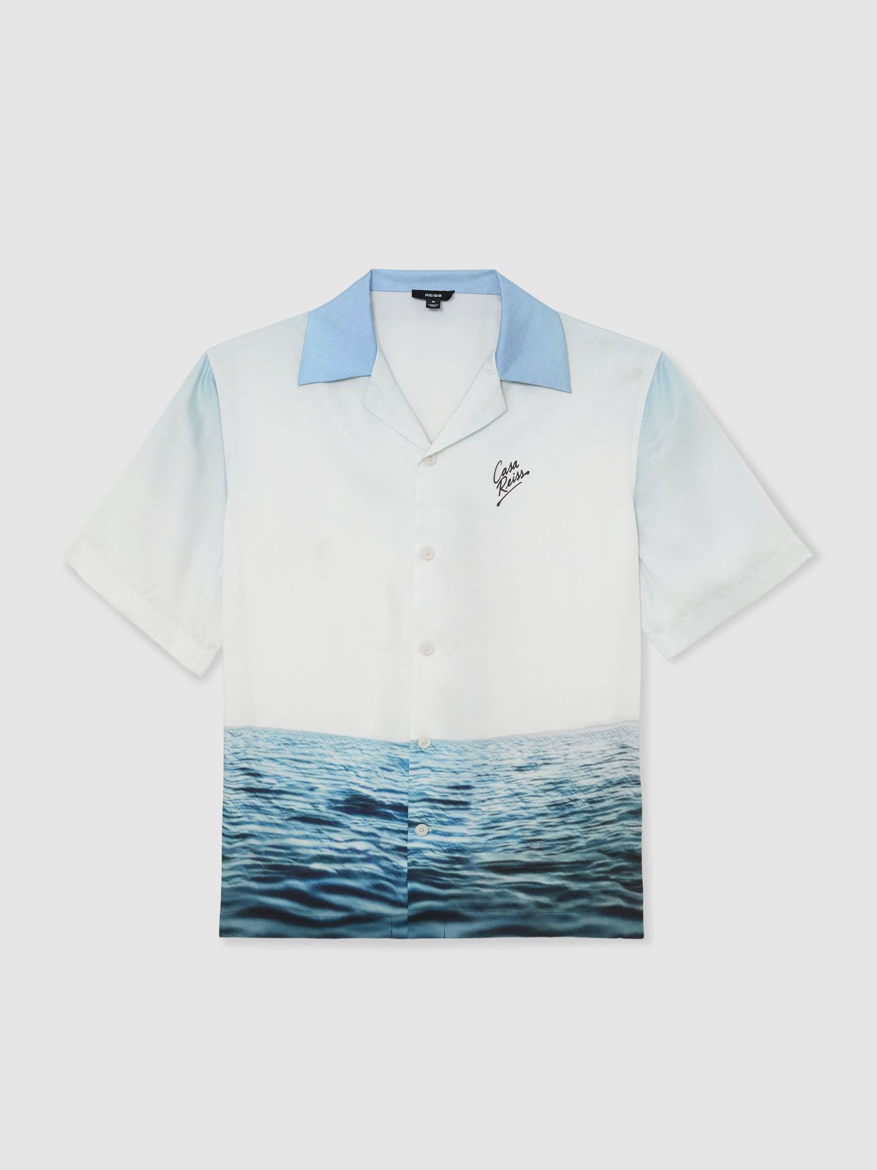 Dive-Print Cuban-Collar Shirt in Soft Blue