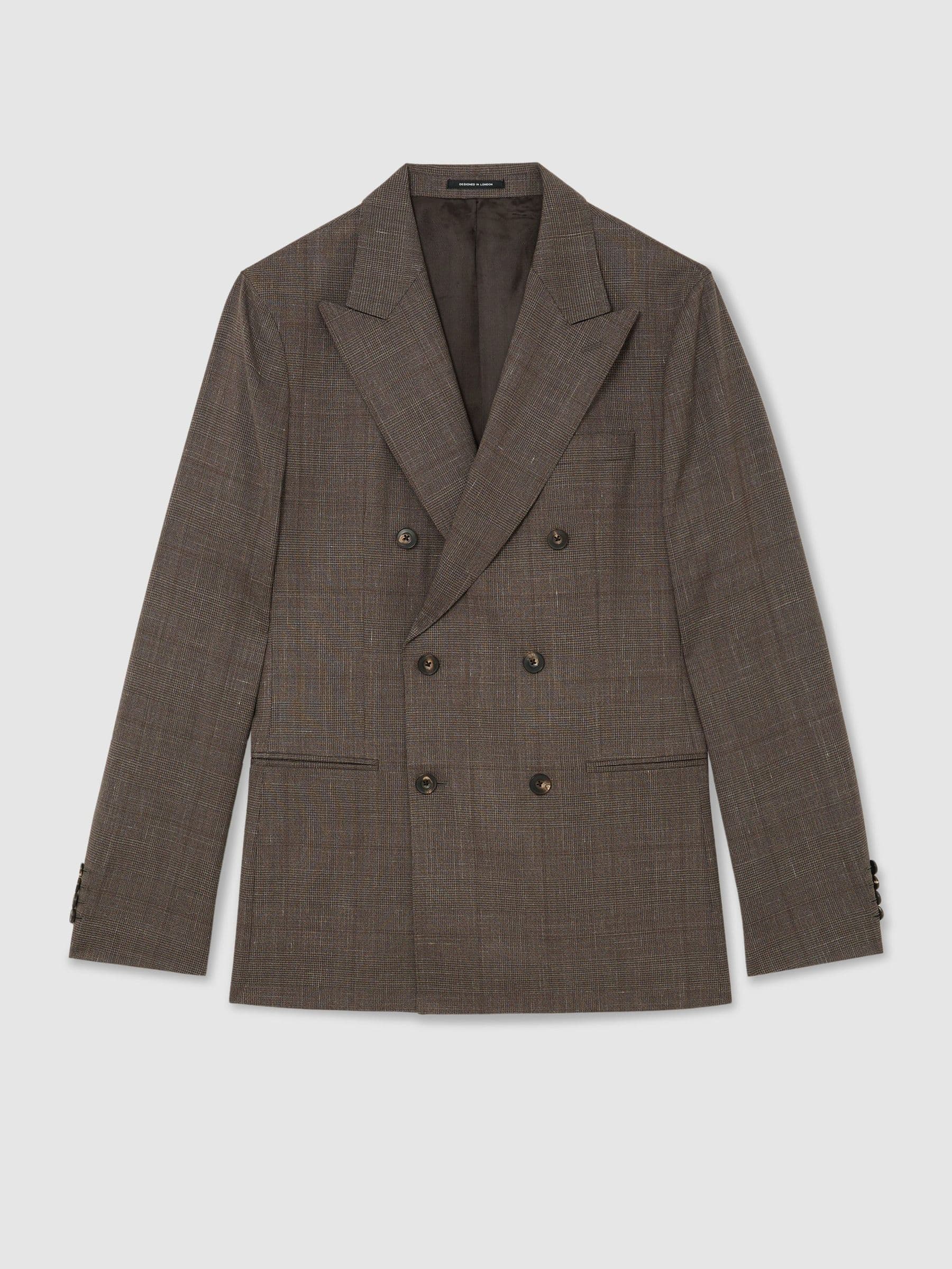 Wool Check Double-Breasted Suit Blazer Classic-Fit in Chocolate Brown