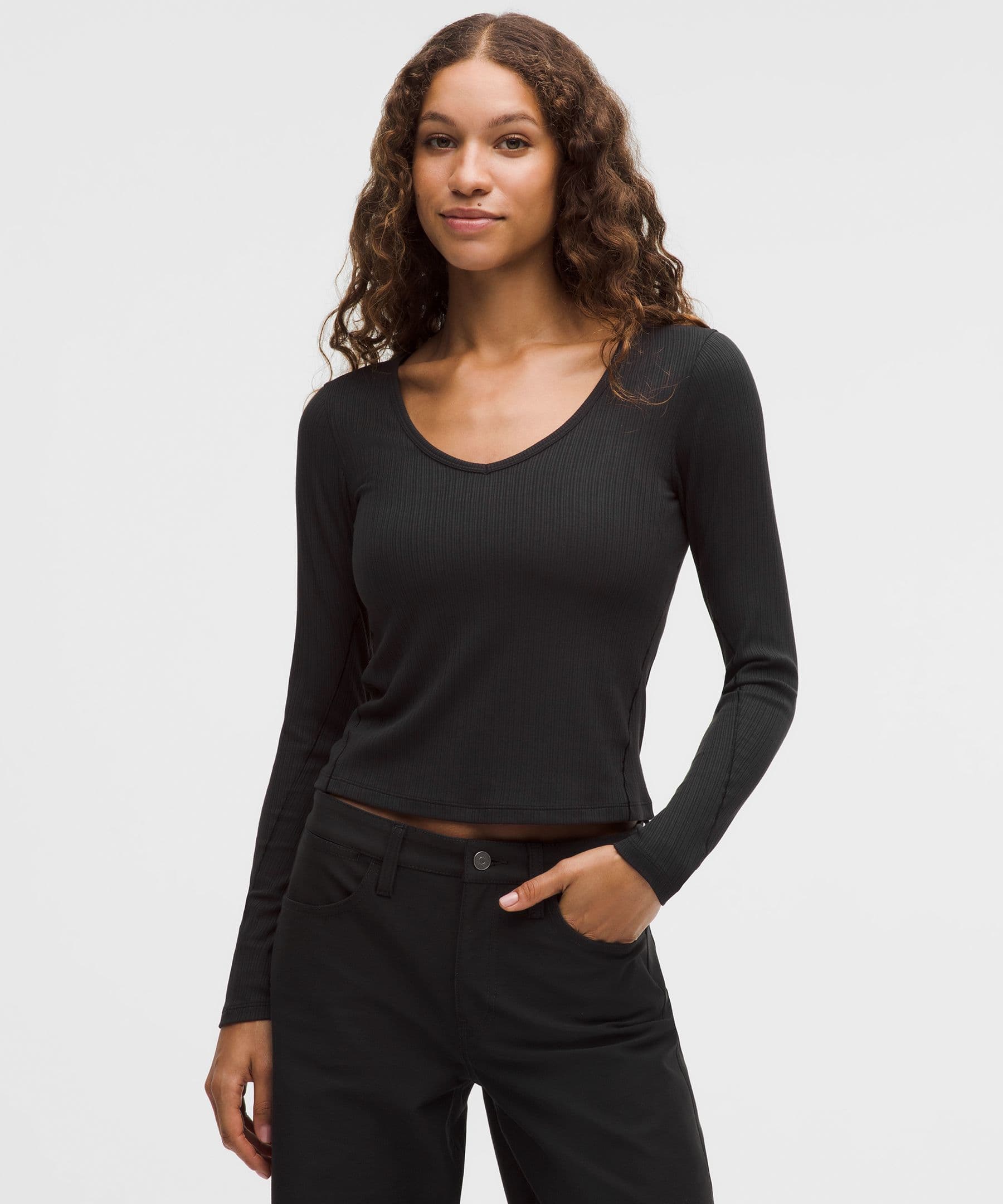 Hold Tight Micro-Rib V-Neck Long-Sleeve Shirt - image 1