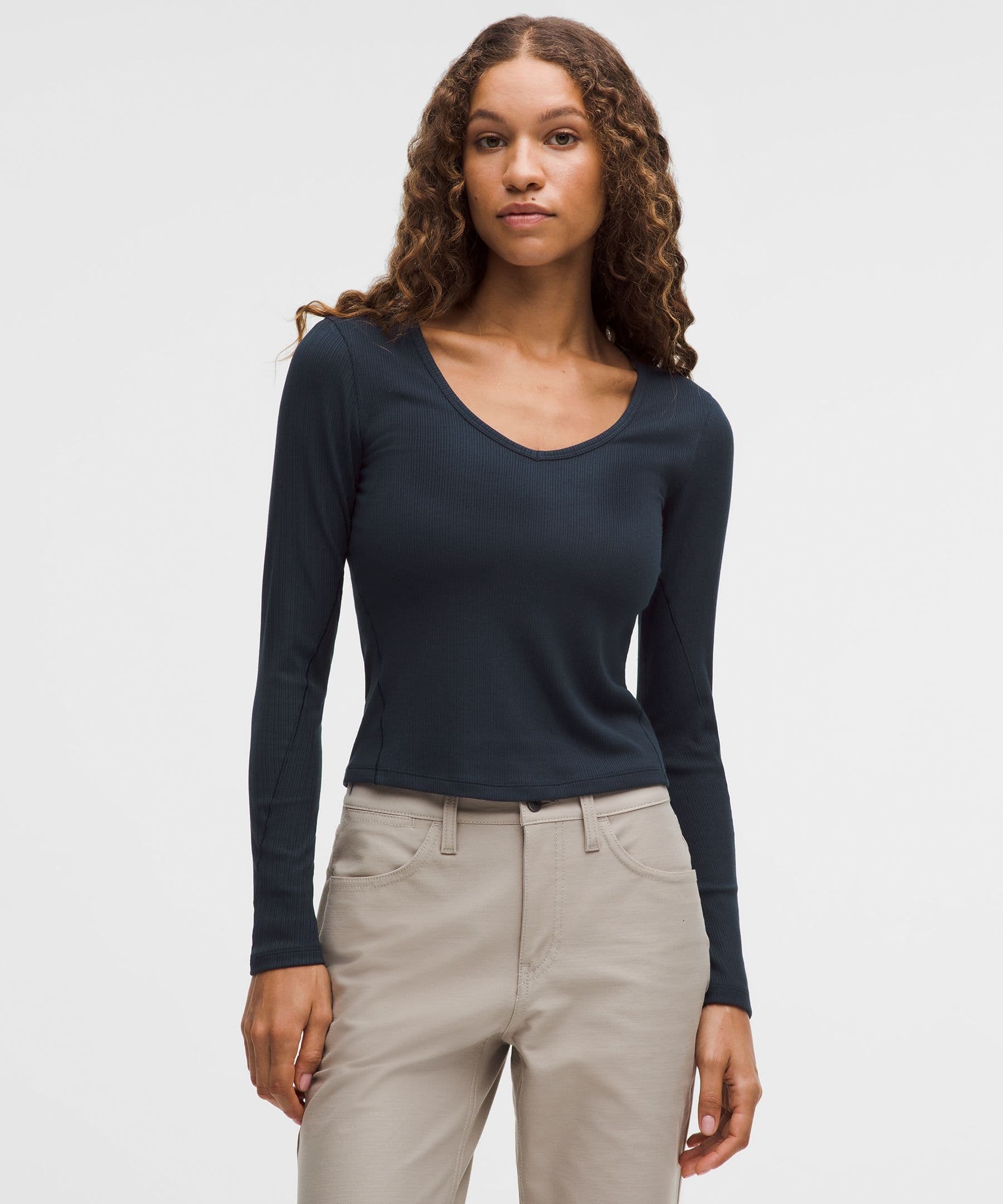 Hold Tight Micro-Rib V-Neck Long-Sleeve Shirt - image 2