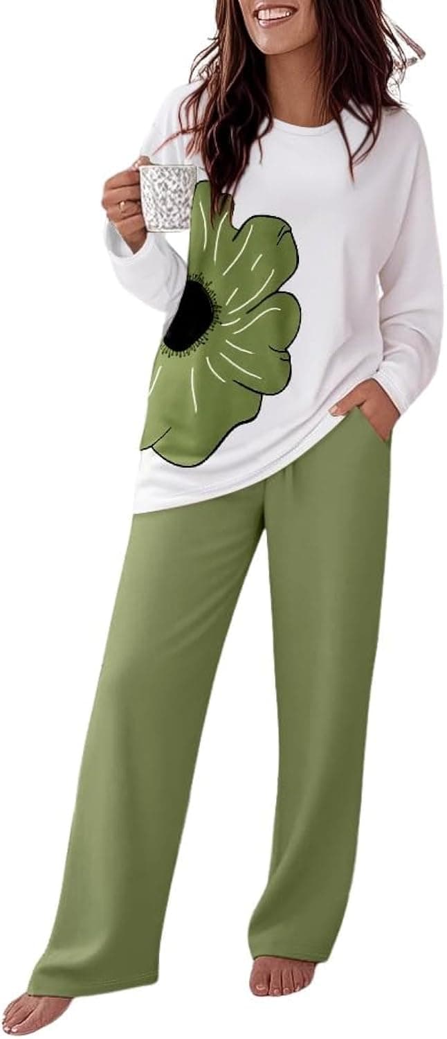 Womens Pajamas Sets 2 Piece Long Sleeve Lounge Set Loose Pants Pj Sets Loungewear with Pockets