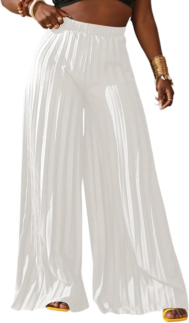 Women's Wide Leg Palazzo Pleated Pants High Waisted Flowy Loose Dressy Casual Long Trousers
