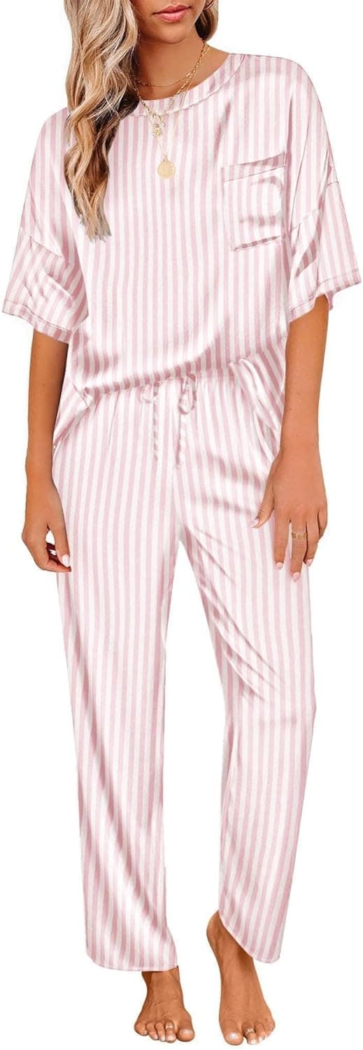 Womens Satin Silky Pajama Set Short Sleeve Shirt with Long Pajama Pant Set Soft PJ Loungewear