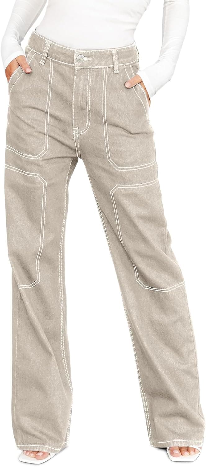 Women's Casual Mid Waist Cargo Jeans Stretch Button Wide Leg Denim Pants with Pockets
