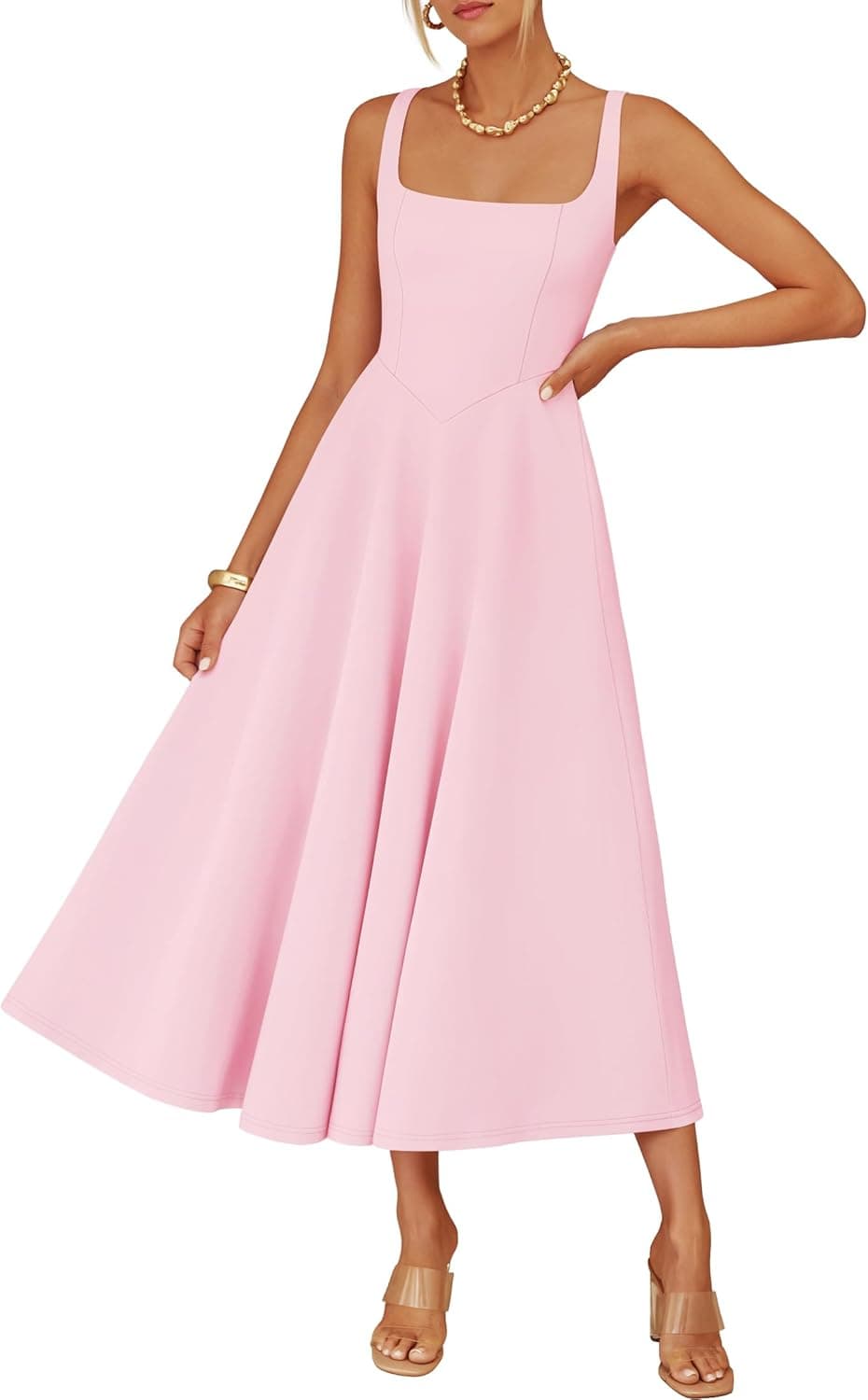 Women's 2026 Summer Sleeveless Midi Dress Square Neck Flowy A Line Casual Beach Vacation Long Dresses with Pockets