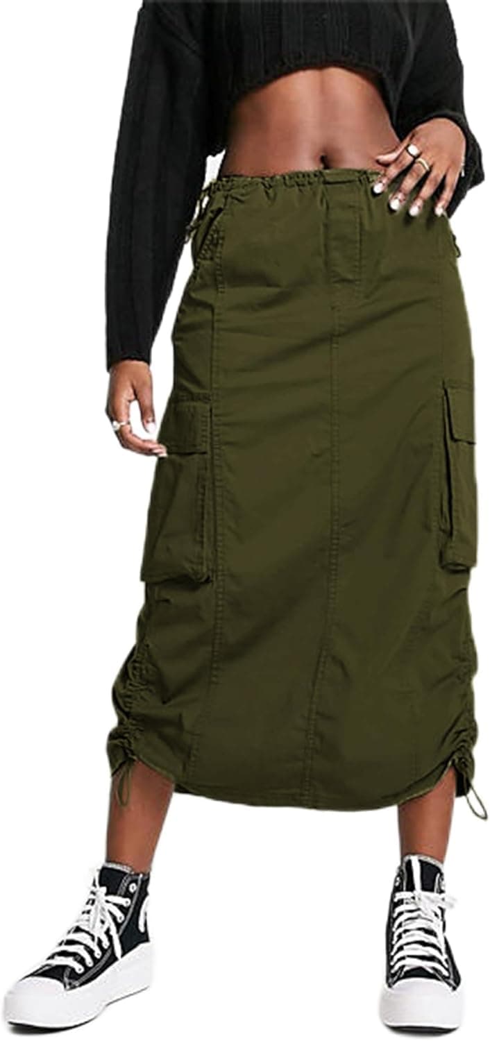 Women Y2k Cargo Long Skirt Low Waist Drawstring Maxi Skirt Ruched Vintage Slit Cargo Skirt with Pockets