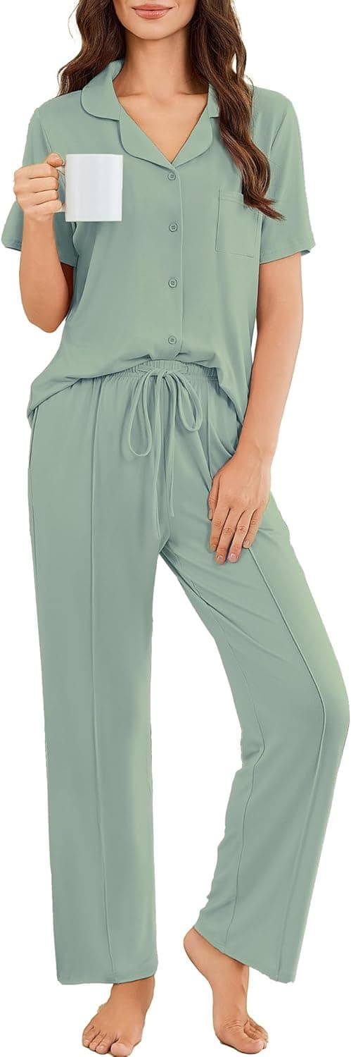 Pajamas for Women Set Button Up Sleepswear 2 Piece Short Sleeve PJ Top and Long Pants Loungwear With Pocket S-XXL