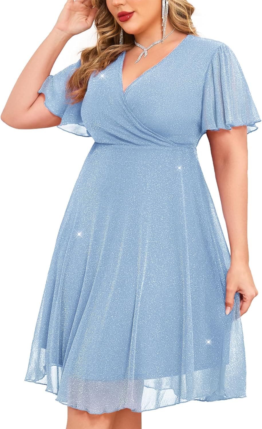 Plus Size Sparkly Mesh Dress A Line Ruffle Sleeve V Neck Wrap Short Glitter Dresses Wedding Guest Cocktail Party