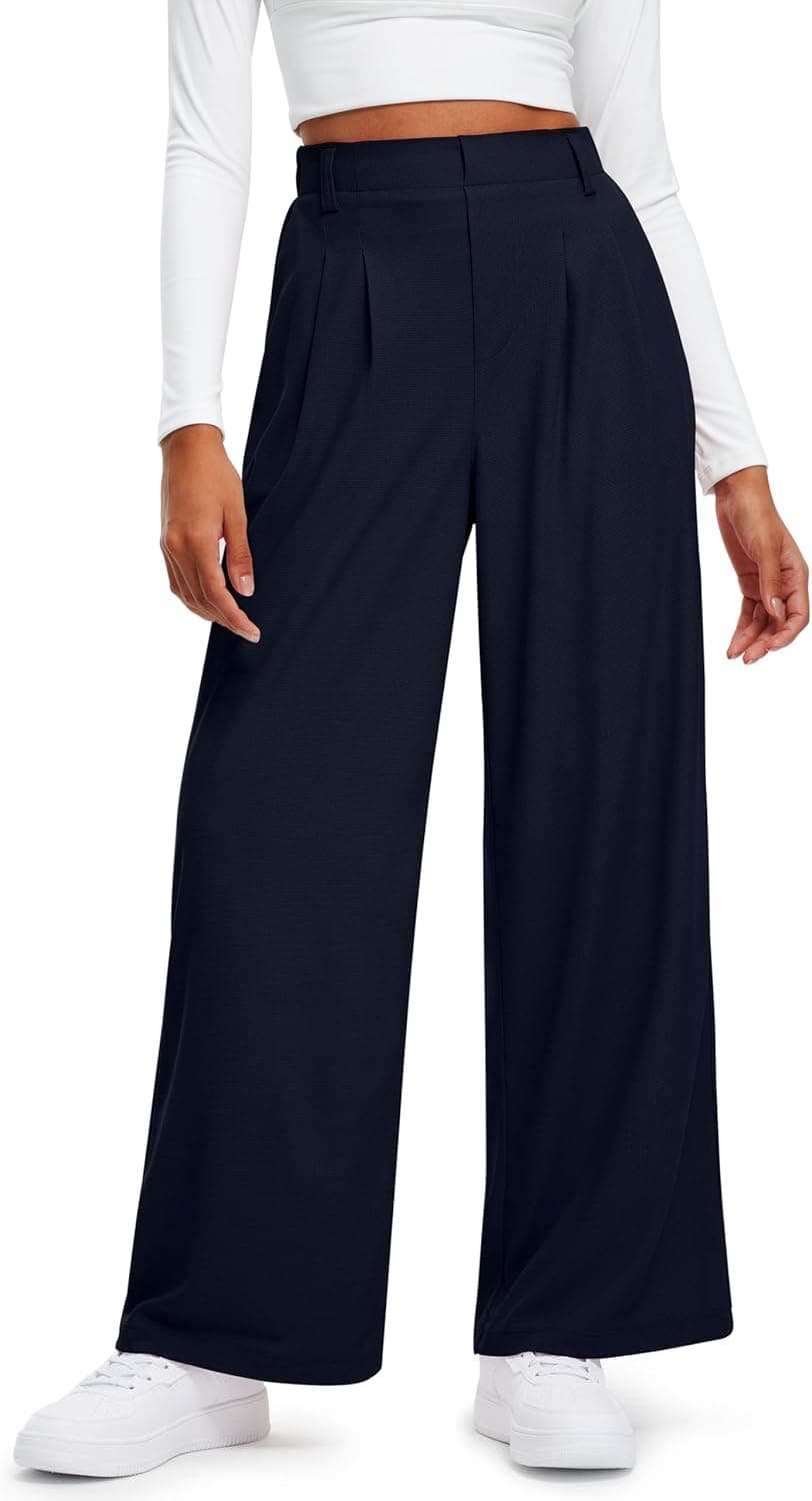 Women's Wide Leg Pants 27"/29" High Waisted Waffle Knit Casual Slacks Work Pants Business Palazzo Trousers with Pockets