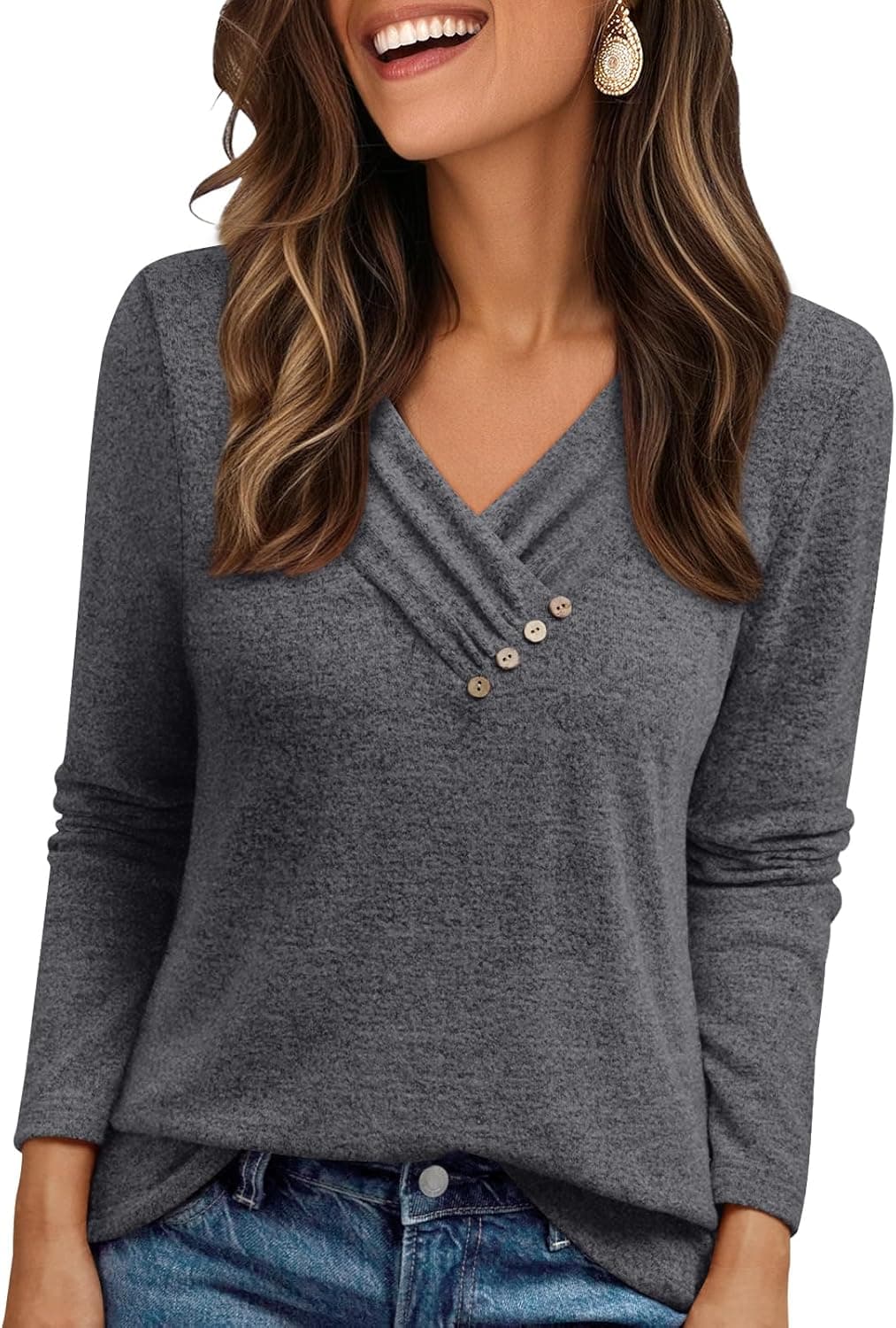 Womens Long Sleeve Tunic Top V Neck Button Shirts 2026 Dressy Casual Business Blouses