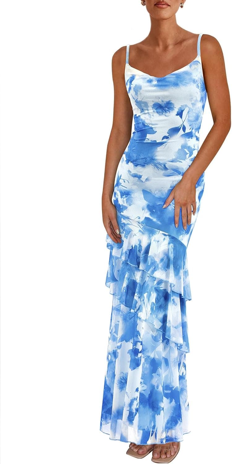 Maxi Dresses for Women 2026 Summer Tiered Floral Beach Sundress Spaghetti Strap Spring Wedding Guest Long Dress