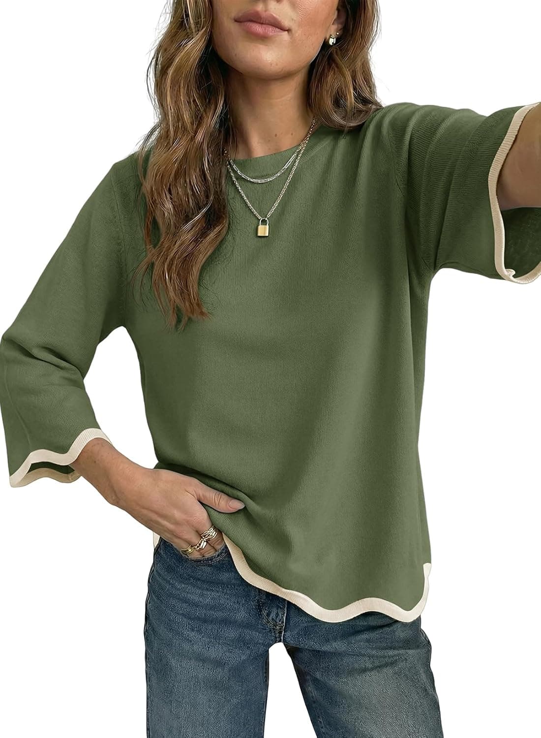 Women's Wool Blend Sweaters Crewneck 3/4 Sleeve for Spring Summer 2026 Trendy Ruffle Casual Knit Pullover Tops