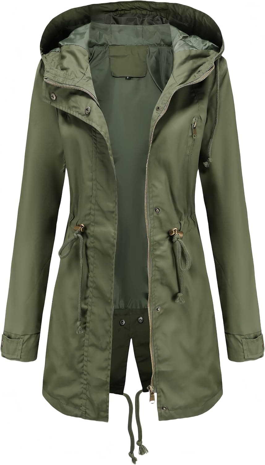 Women Trench Coat Windbreaker Zip Up Jacket With Pockets Casual Long Sleeve Outwear with Waist Drawstring