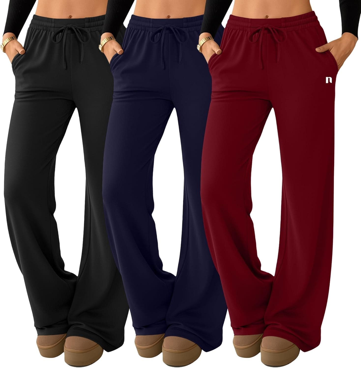 3 Pack Women's Wide Leg Palazzo Pants, Lounge High Waisted Pants Casual Pajama Bottoms Trouser with Drawstring Pockets