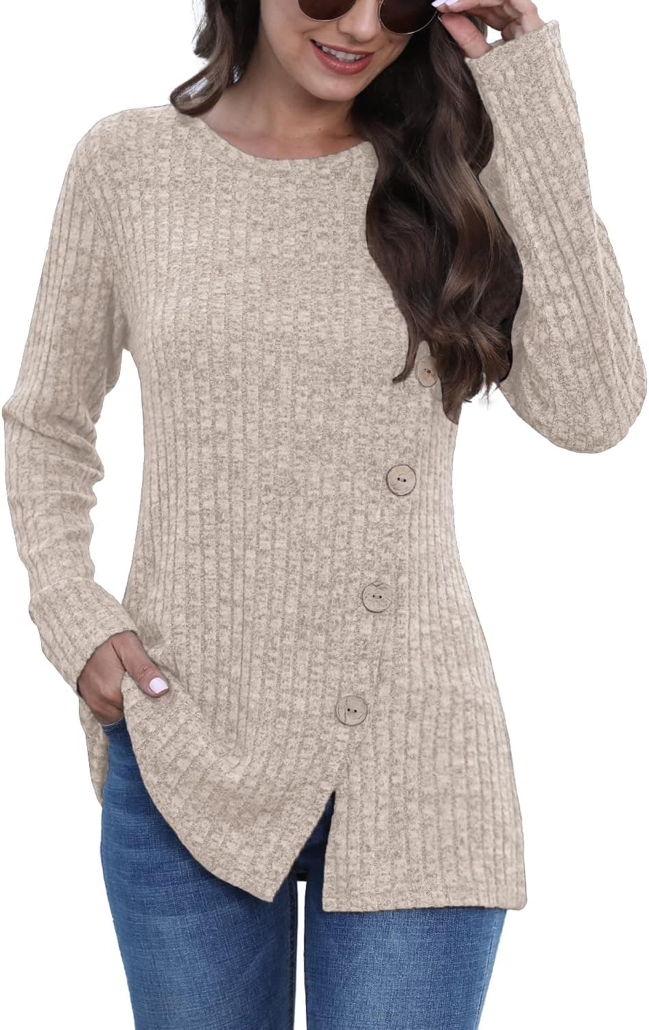 Long Sleeve Shirts for Women Crew Neck Lightweight Sweater Loose Casual Tunic Tops