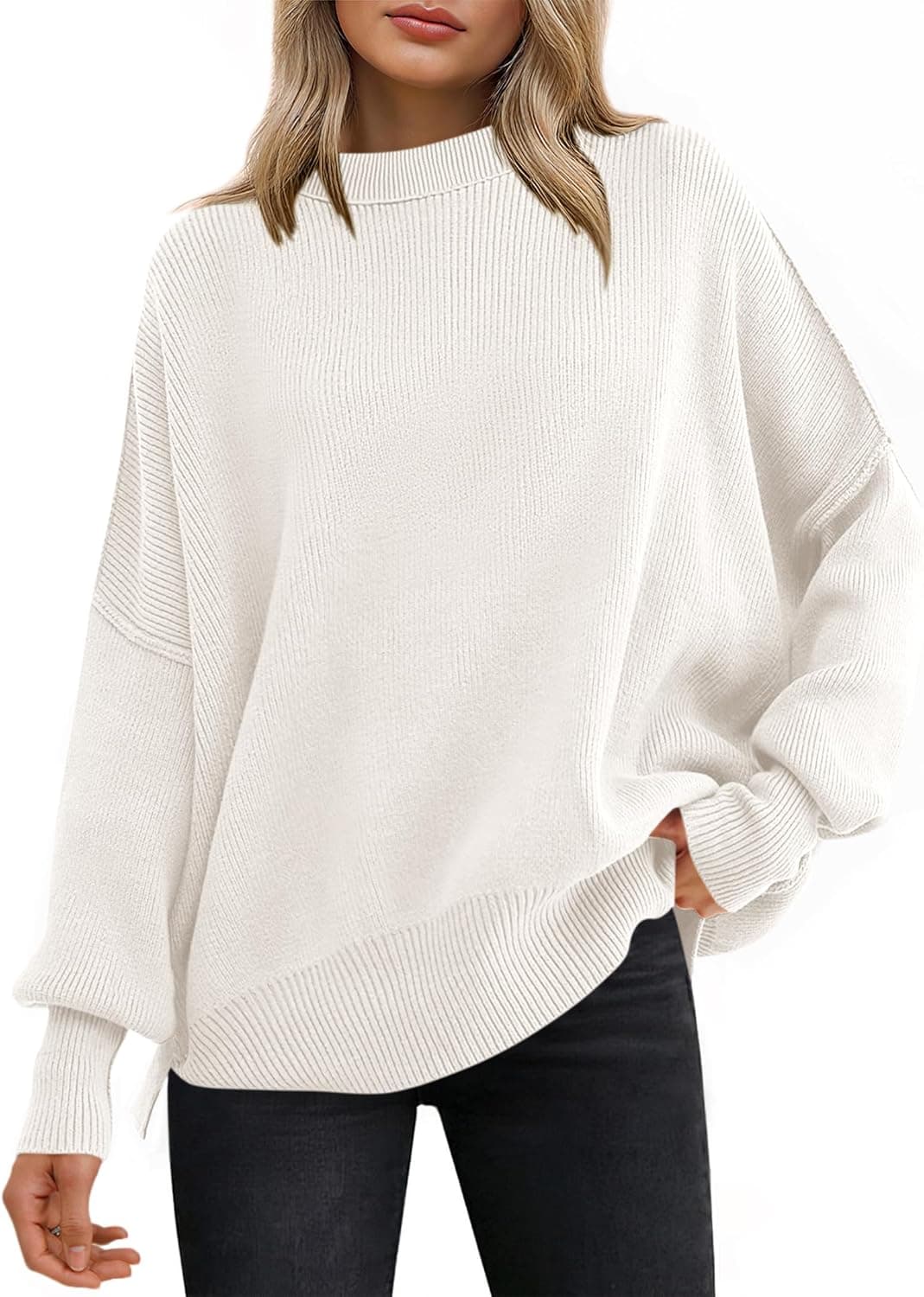 Women Oversized Sweaters Batwing Long Sleeve 2026 Fall Outfits Crewneck Casual Knit Side Slit Fashion Pullover Top