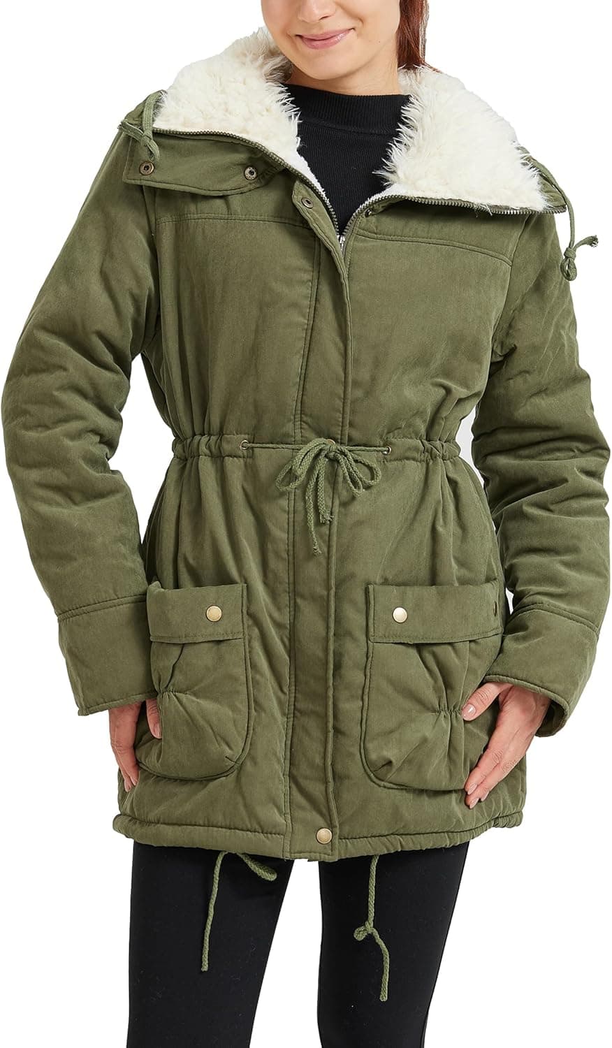 Women's Winter Mid Length Thick Warm Faux Lamb Wool Lined Jacket Casual Coat