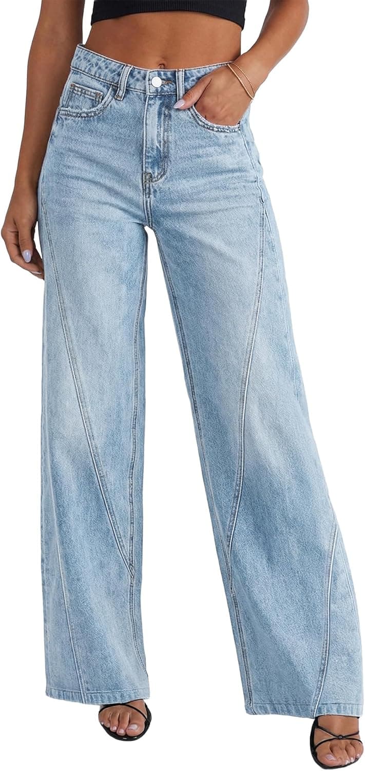 Womens Wide Leg Jeans Mid High Waisted Baggy Straight Leg Stretchy Denim Pants Seamed Long Trousers