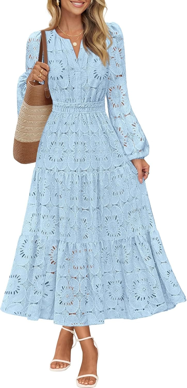 Women's Fall Long Sleeve Floral Maxi Dress Lace Eyelet Hollow Out Tiered Boho Wedding Guest Dresses Pockets