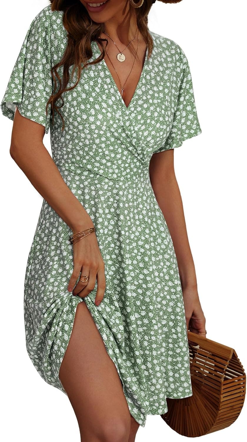 Womens Sundress Summer Floral Short Sleeve Wrap V Neck A-Line Midi Dress