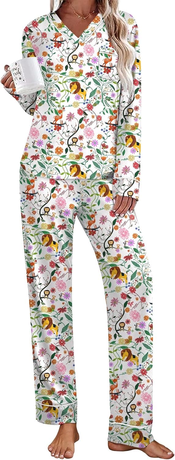 Women's Pajamas Sets 2 piece PJs V Neck Long Sleeve Sleepwear Comfy Pants Loungewear with Pocket