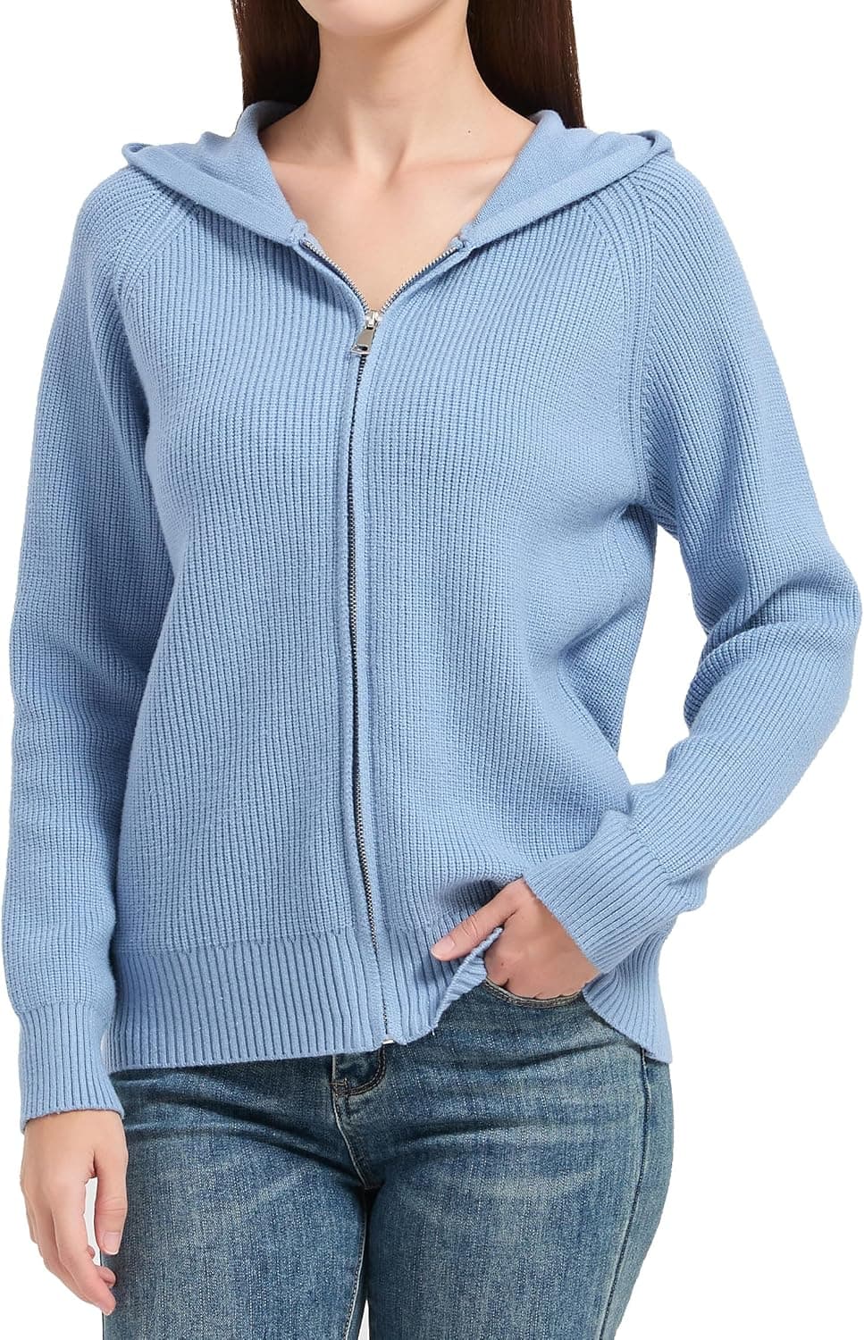 Womens Zip up Hooded Cardigan Knitted Hoodies Raglan Sleeve Sweaters Jacket Outerwear Fall Winter