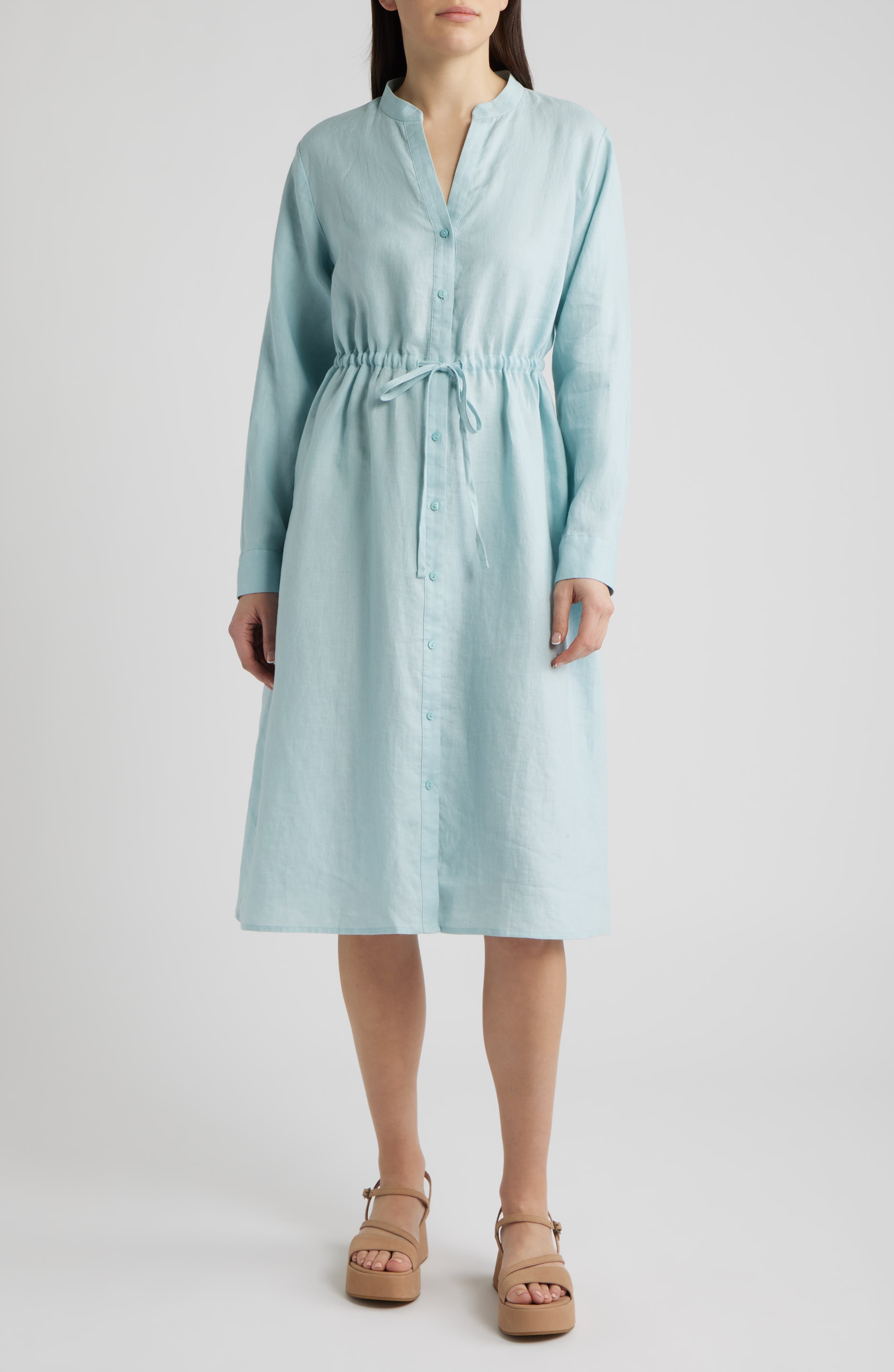 Mandarin Collar Long Sleeve Organic Linen Midi Shirtdress - image 3