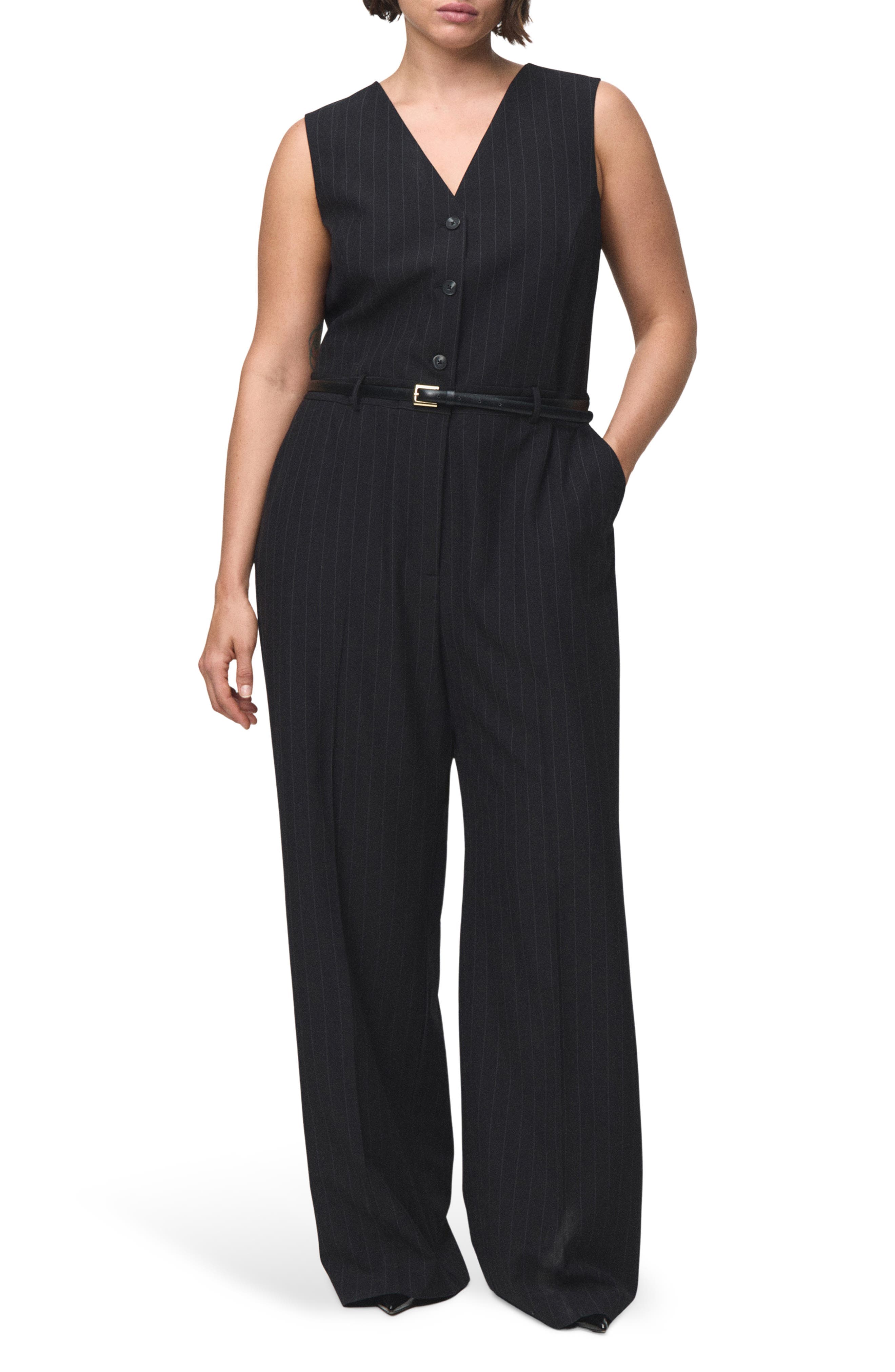 Pinstripe Sleeveless Belted Jumpsuit - image 1