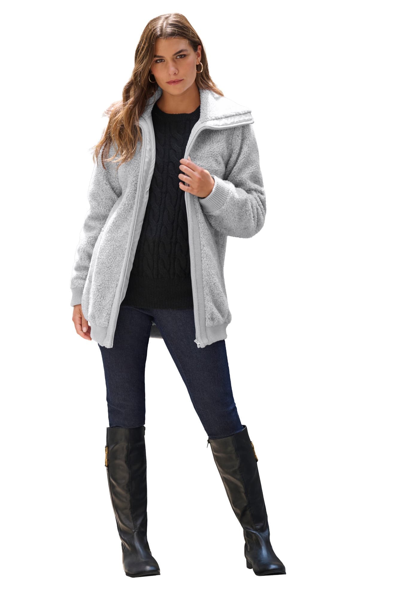 Plus Size High Collar Teddy Fleece Bomber - image 3