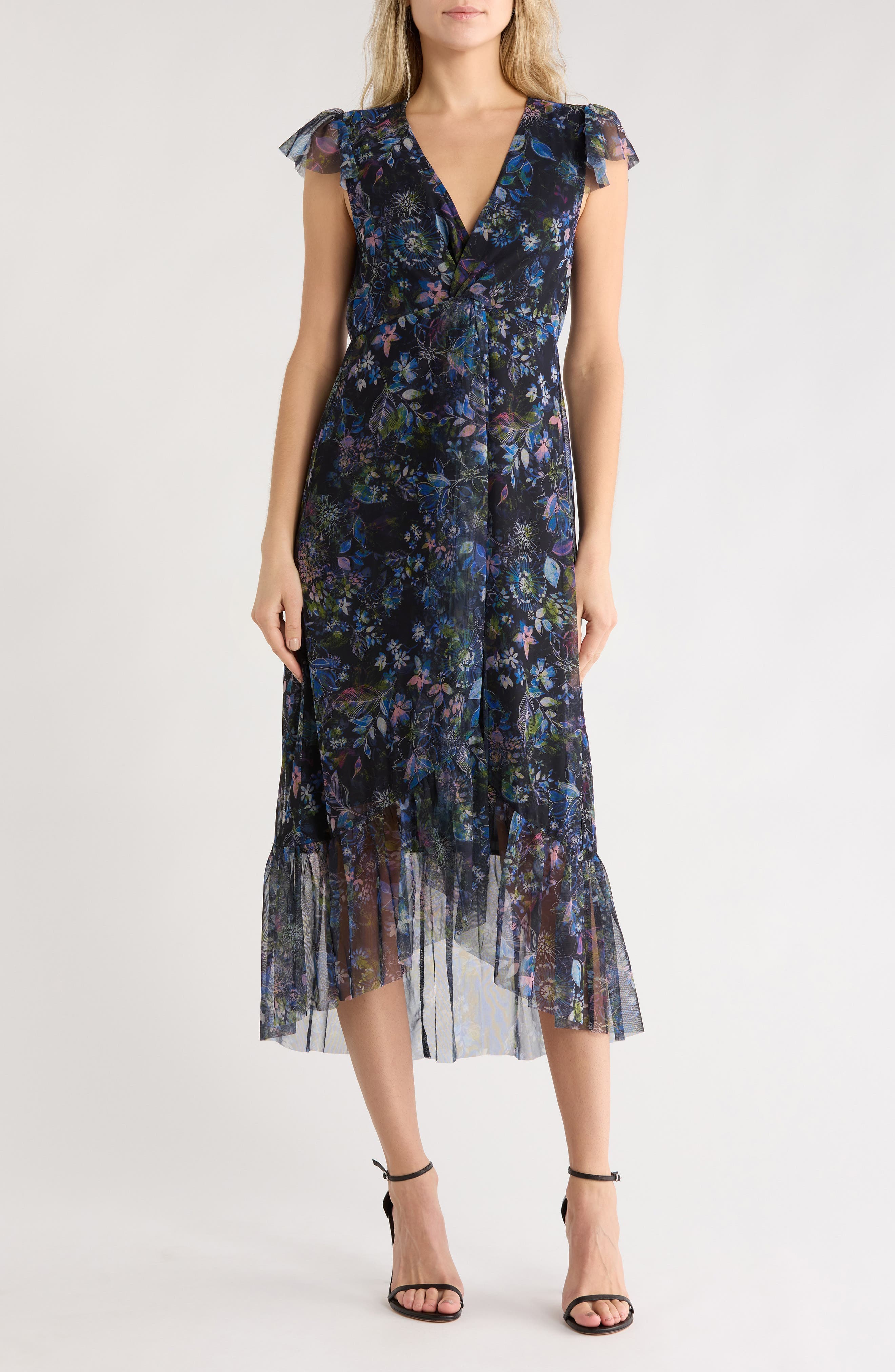 Floral Cap Sleeve Empire Waist High-Low Midi Dress - image 1